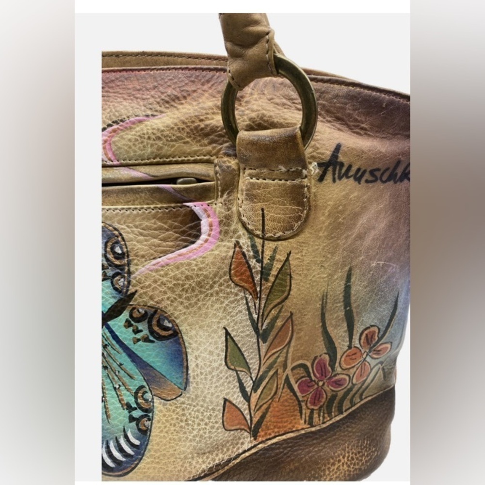 VTG Anuschka Hand Paint Flower Butterflies Leather Double Strap HandBag Satchel - Picture 5 of 12
